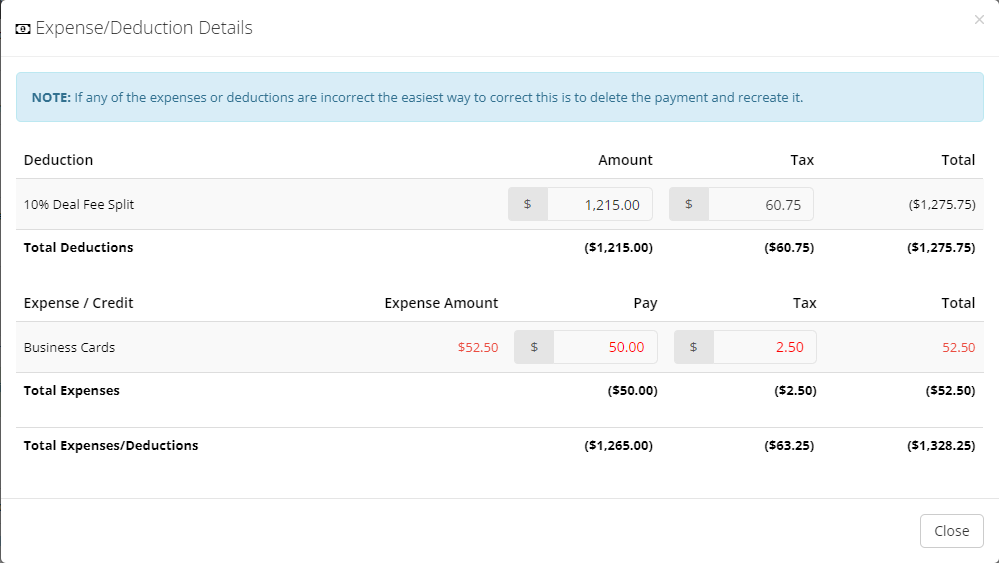 Realdesk Commission Payment With Deductions Expenses