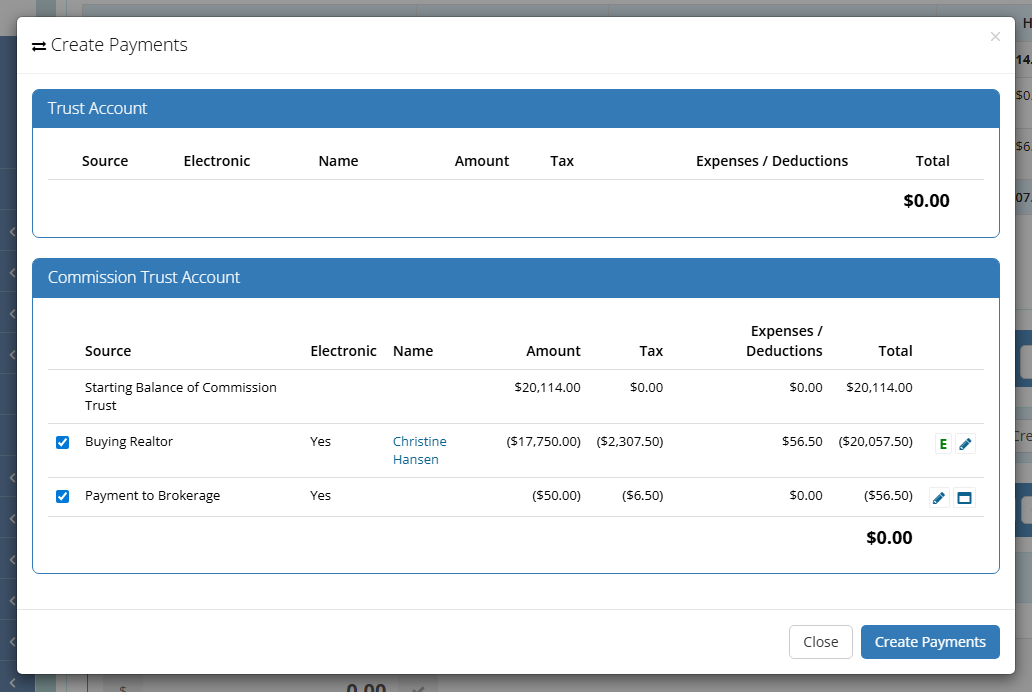 Sales Demo — Create Payments modal