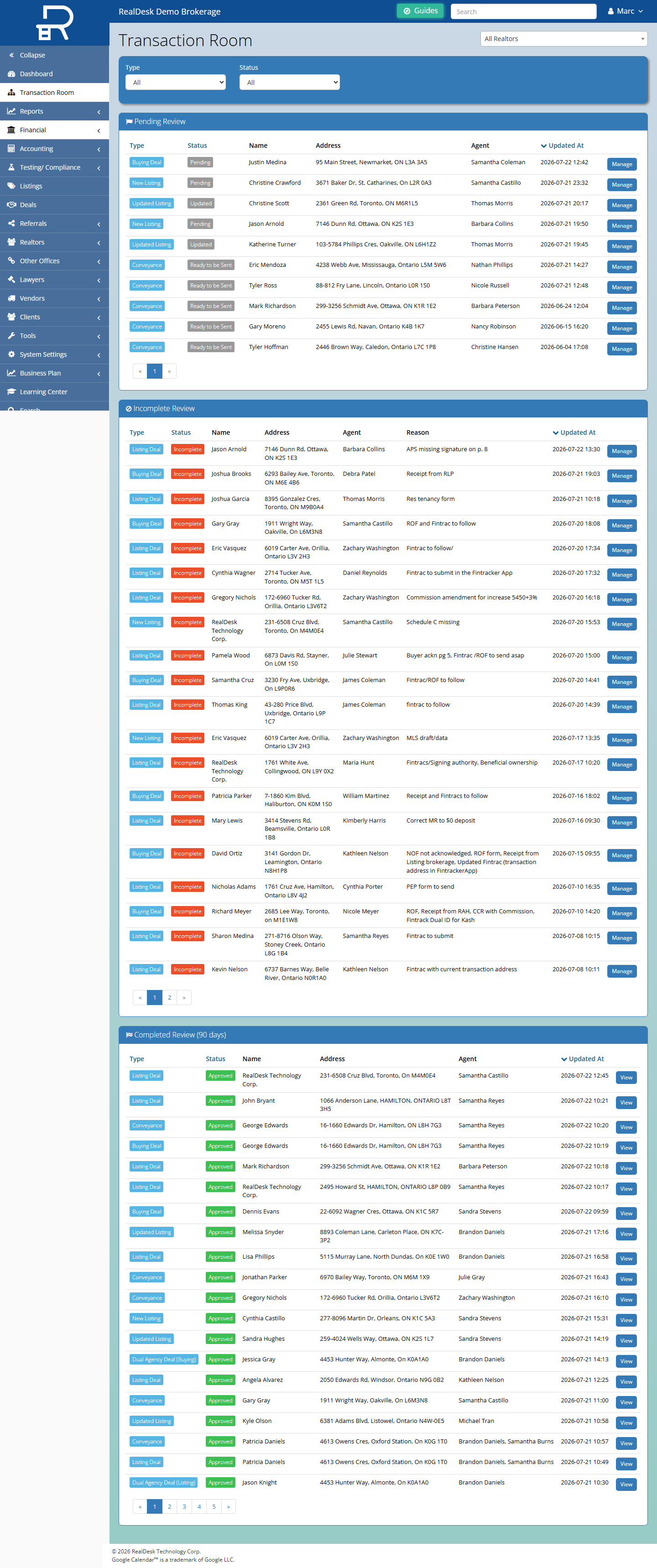 Transaction Room list overview